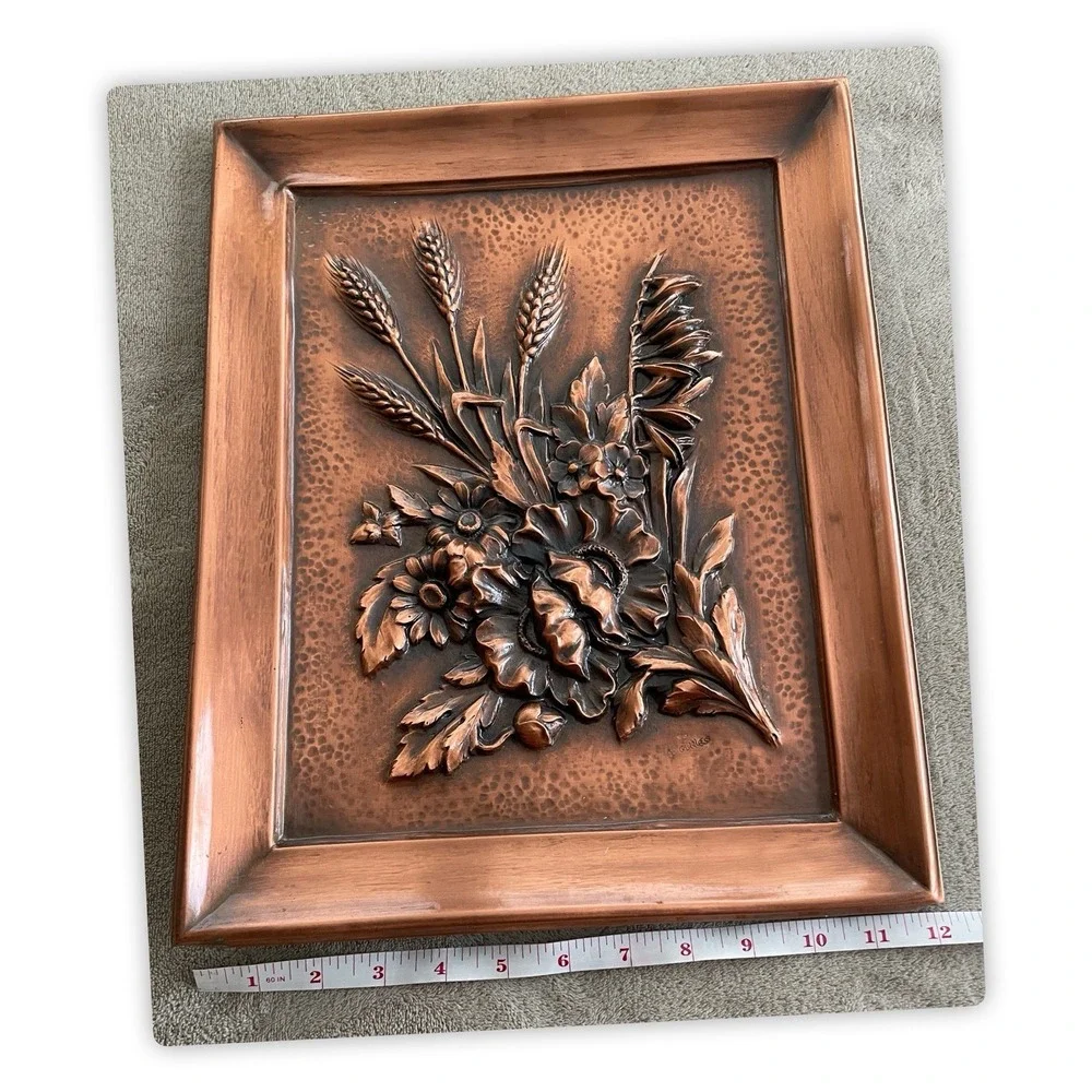 Antique Copper Floral‎ Wall Hanging Albert Gilles Signed 15.25x12.25 Repousse